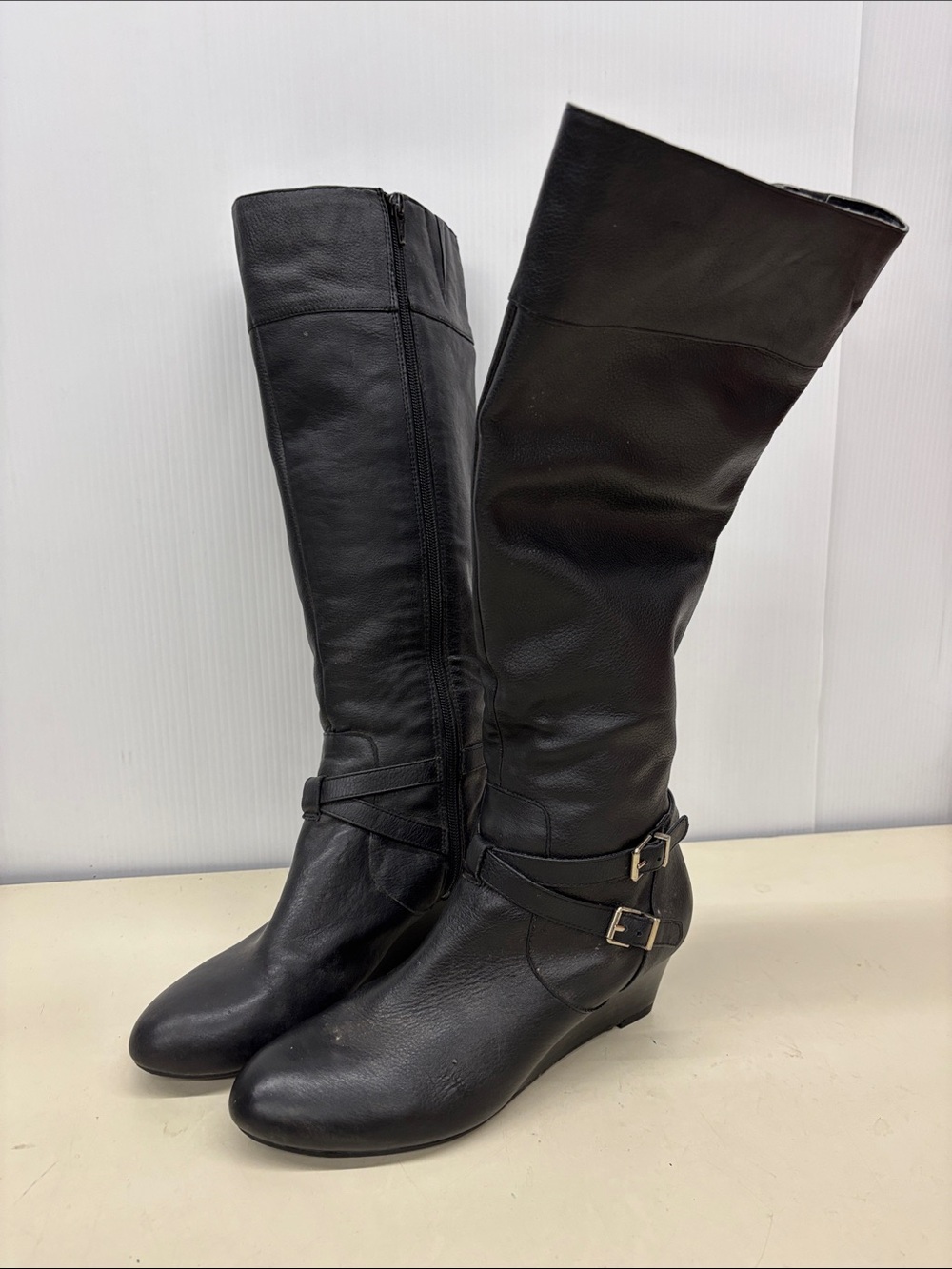Giani Bernini Black Over-the-Knee Wedge Boots with Buckle Detail